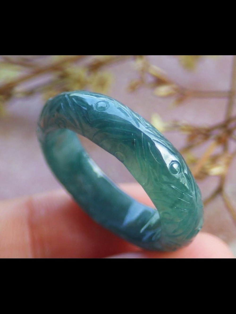 Certificate Jadeite Jade Green carved link ring size8.25